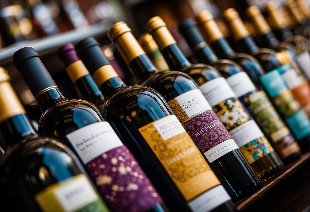 Colorful wine labels fill market stalls, attracting collectors' eyes. Displayed in rows, they showcase intricate designs and vibrant hues, enticing passersby to stop and admire