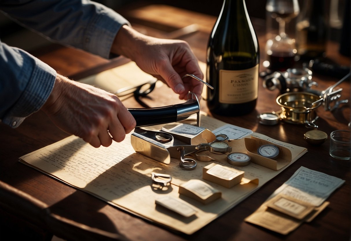 Wine labels being carefully peeled off bottles and organized in a scrapbook with scissors, glue, and a magnifying glass nearby