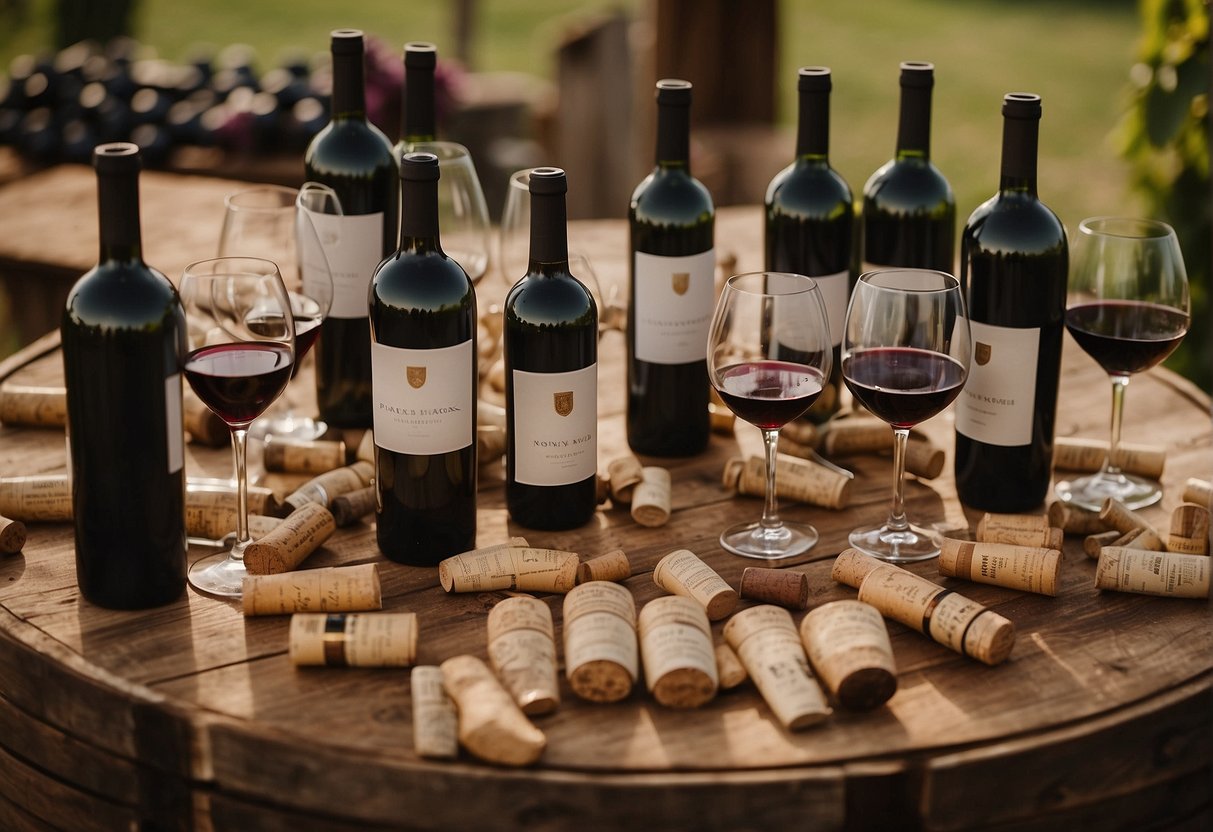 A table covered in wine labels, corks, and wine bottles. A group of people engaged in conversation, surrounded by wine barrels and vineyard scenery