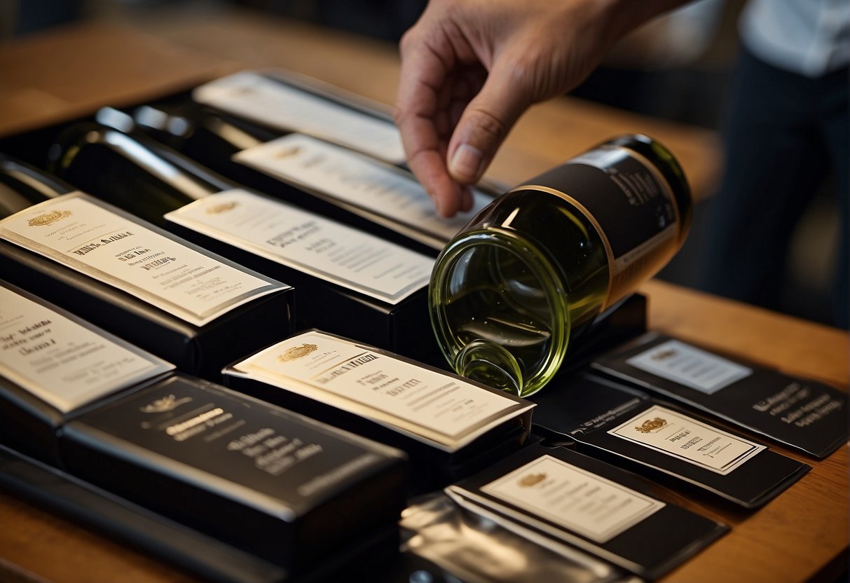 Wine labels being carefully placed in an album for safekeeping
