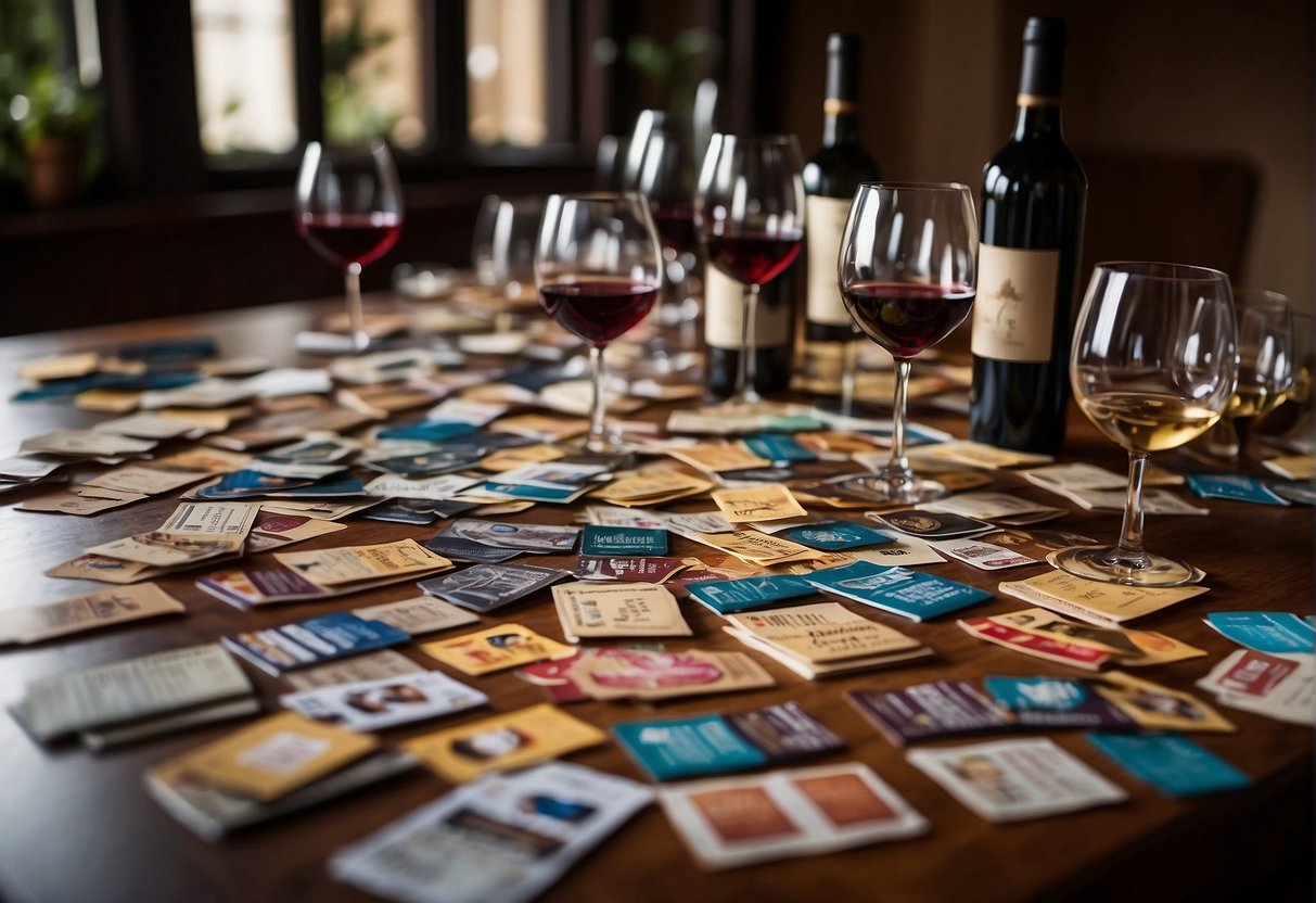 A collection of wine labels arranged in a decorative pattern, with various shapes, colors, and designs. Some labels are neatly trimmed, while others are torn or wrinkled, adding a sense of history and character to the collection