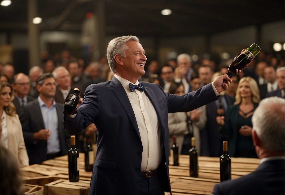 Auctioneer holds up a bottle of wine while bidders eagerly raise their paddles. Brokers discuss deals in the background, surrounded by rows of wine bottles and crates