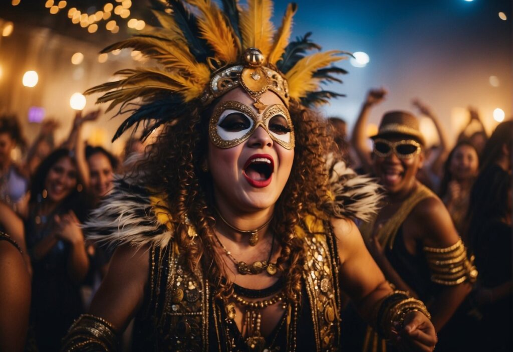 A woman wearing a mask and garment with other people in the background.