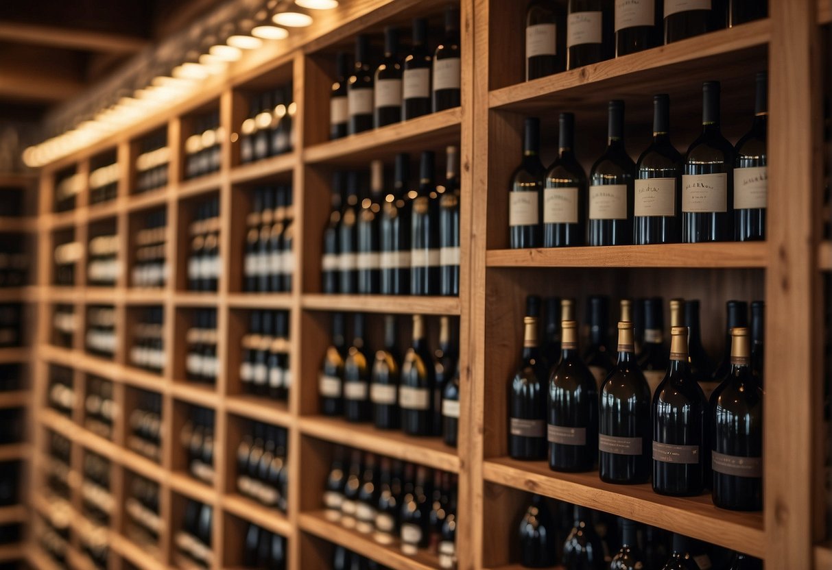 A wine cellar with rows of carefully organized bottles, a price list, and a calculator on a table, representing the risks and considerations in wine collecting for investment