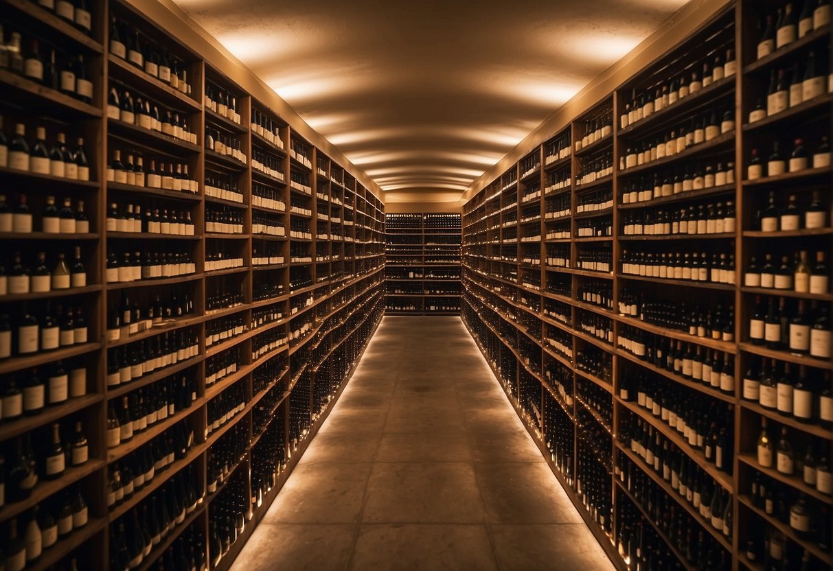 A cellar filled with rows of rare and valuable wine bottles, carefully organized and labeled for investment purposes