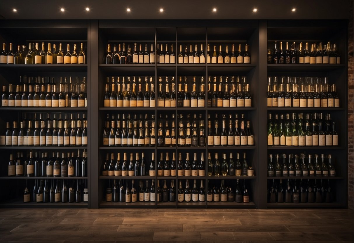 A shelf filled with various wine bottles from different regions and vintages, showcasing a diversified wine portfolio for investment purposes