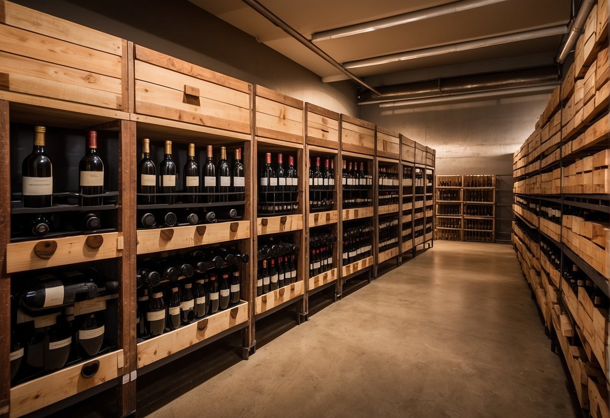 A secure, climate-controlled wine storage facility with rows of labeled wine crates, alongside an insurance policy document for wine investments
