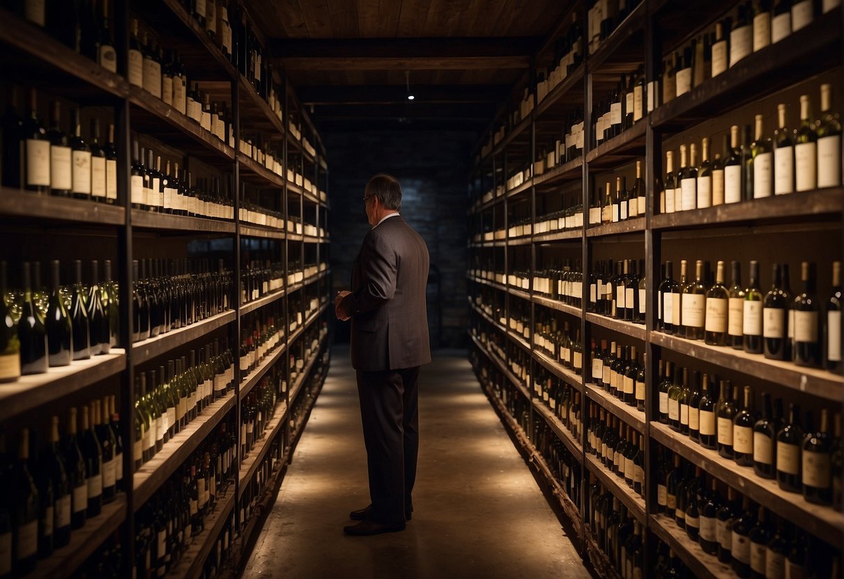 A dimly lit cellar displays rows of rare wine bottles, labeled with vintage years and prestigious vineyards. A collector carefully inspects the dusty labels, surrounded by shelves filled with valuable wine