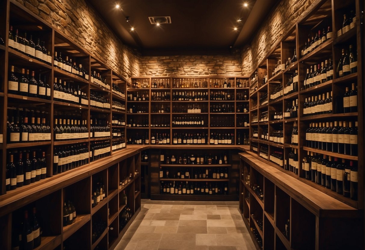 A luxurious wine cellar with rows of rare bottles, elegant tasting room, and a bustling auction floor