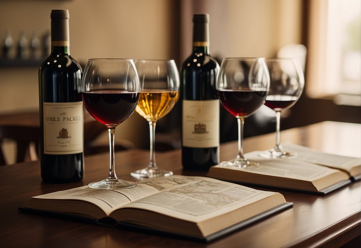 A table with various wine bottles, corkscrew, and glasses. A book on wine collecting open nearby. A map of wine regions on the wall