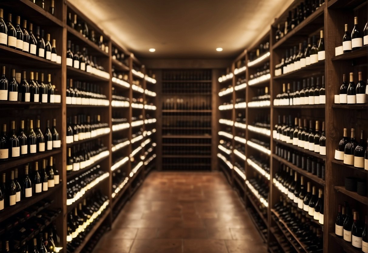 A cellar with neatly organized rows of wine bottles, each labeled with the year and type of wine. A vintage wine rack displays prized collections