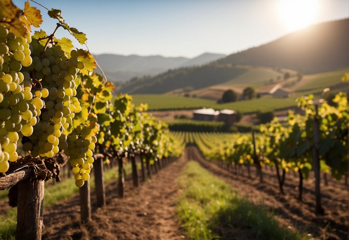 Vineyards stretch across rolling hills, each row of grapes basking in the warm sunlight. A winery stands in the distance, with barrels and bottles lining the cellar