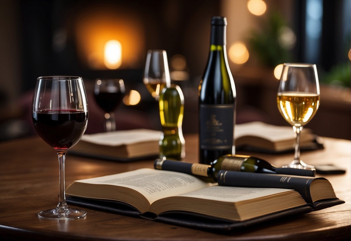 A table set with various wine bottles, glasses, and tasting notes. A book on wine collecting open nearby. A cozy atmosphere with soft lighting and comfortable seating