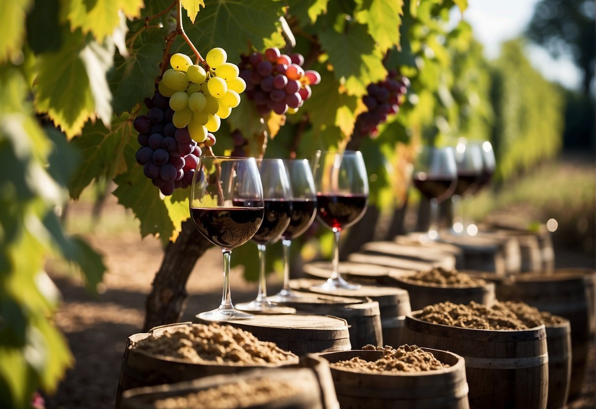 Vineyard with varied soil types, sun exposure, and grape varieties. Vintners using wooden barrels and natural fermentation methods. Monks and nobles tasting and discussing wine