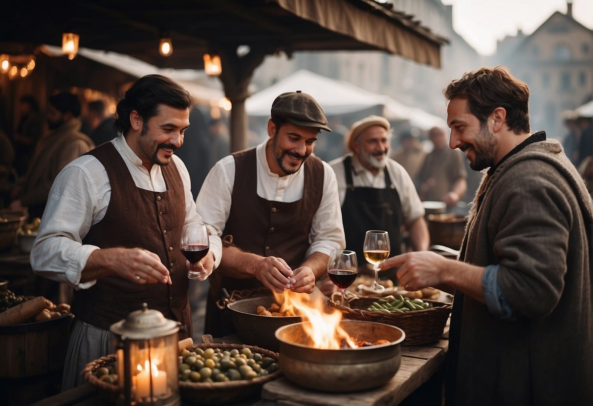 A bustling medieval marketplace with merchants selling wine, surrounded by lively conversation and the aroma of food cooking over open fires
