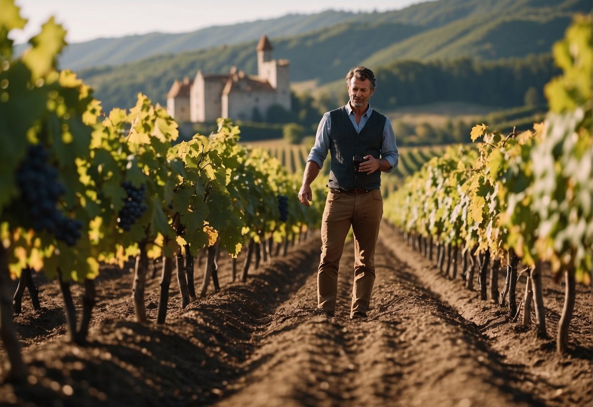 A vineyard with rows of grapevines, a medieval castle in the background, and a winemaker inspecting the soil and grapes for quality