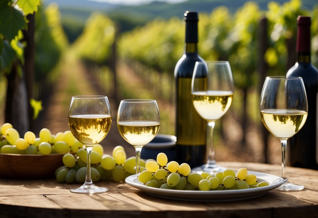 A table with various white wine bottles and glasses, surrounded by vineyard scenery and soft natural lighting