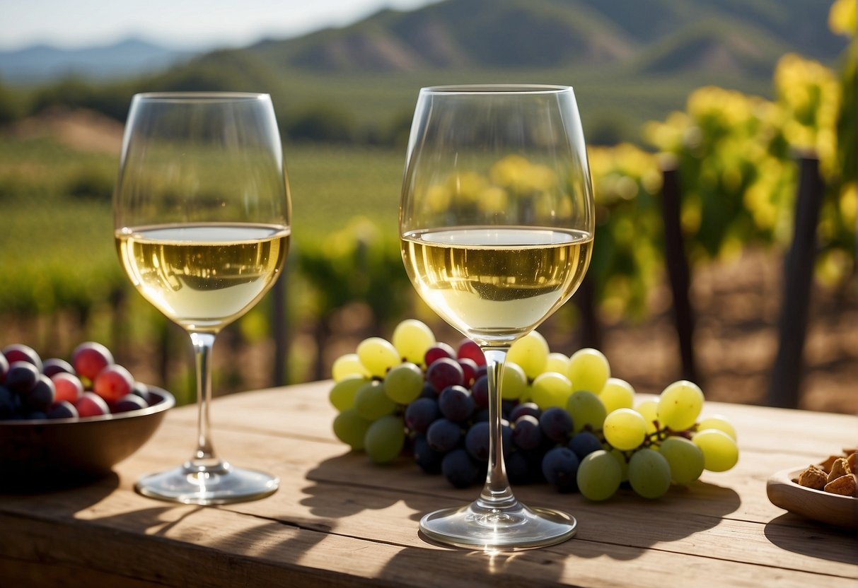 A table set with glasses of Chardonnay, Sauvignon Blanc, and Pinot Grigio, surrounded by vineyards and grapevines
