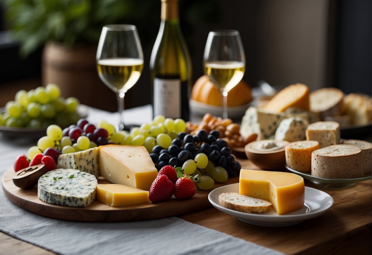 A table set with a variety of cheeses, fruits, and seafood, alongside bottles of Chardonnay, Sauvignon Blanc, and Riesling