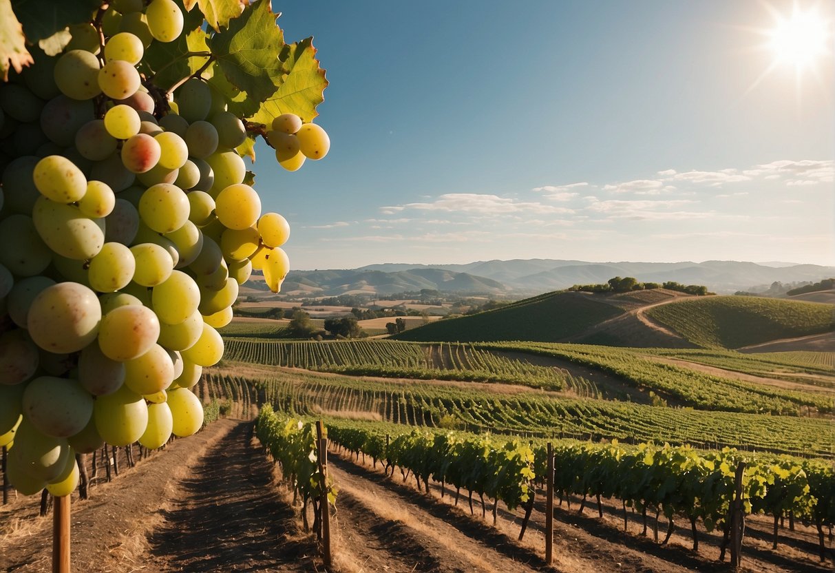 Vineyard landscape with rows of grapevines, rolling hills, and a clear blue sky. A rustic winery in the background