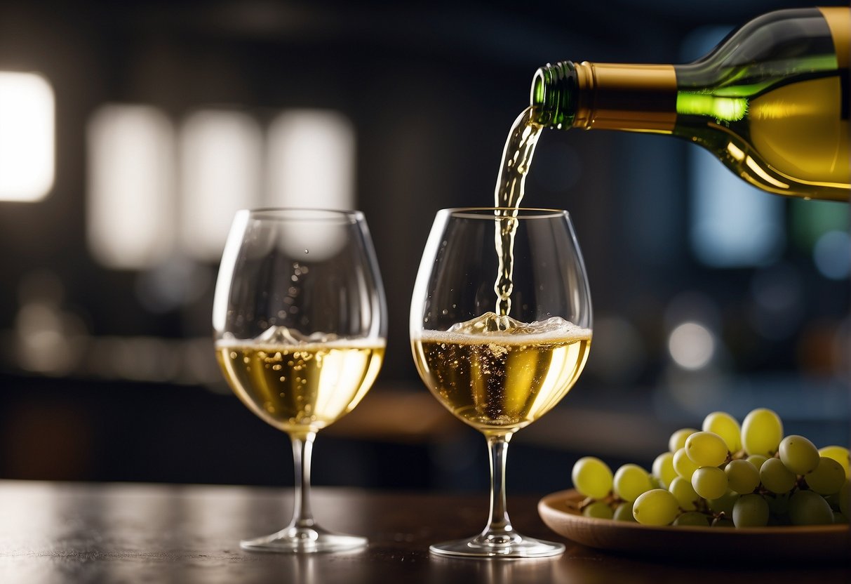 A bottle of white wine is being poured into a glass, while another glass is already filled and ready to be enjoyed