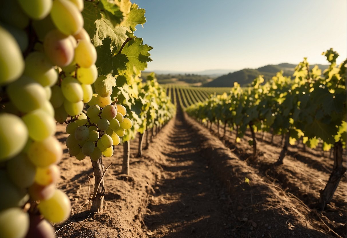 Vineyard landscape with diverse soil types, rolling hills, and grapevines. Sunlight illuminates the rows of Chardonnay, Riesling, and Sauvignon Blanc grapes