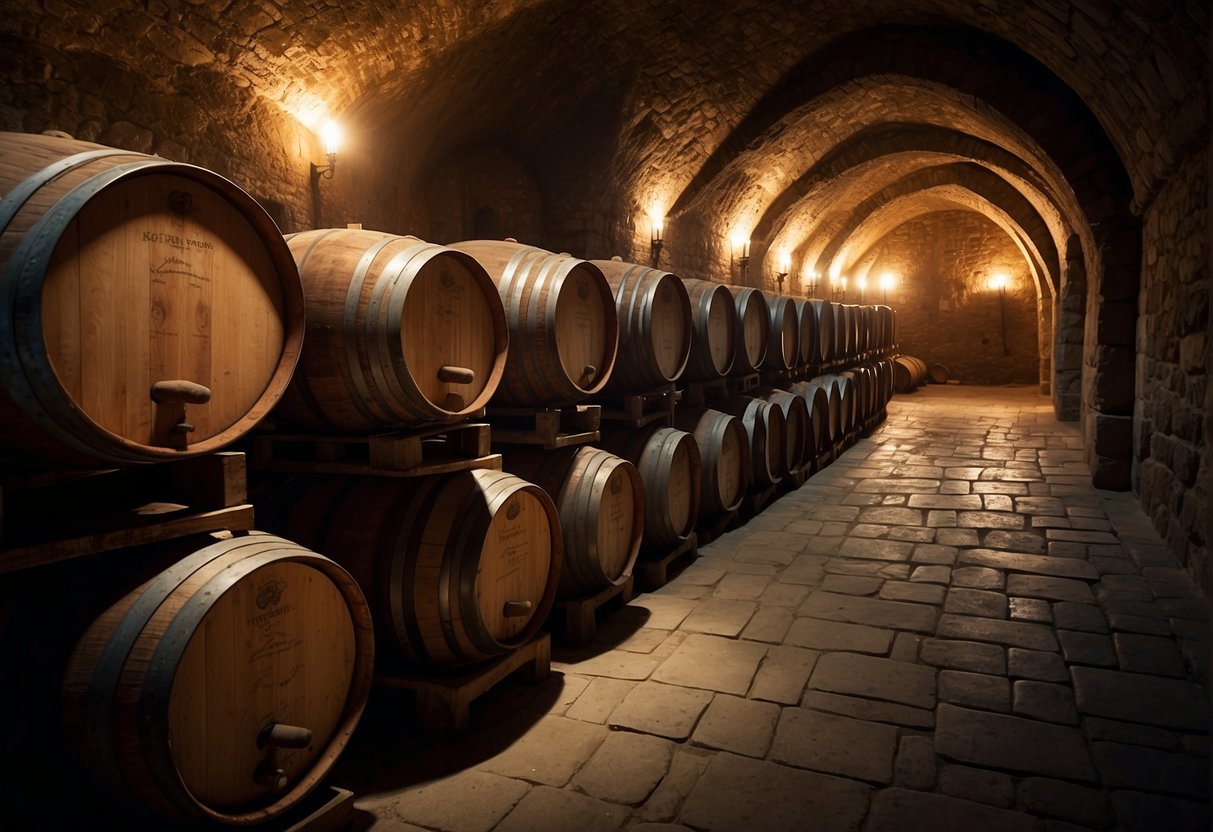 Medieval wine barrels stacked in a dimly lit cellar, with cobweb-covered walls and dusty stone floors. A flickering torch casts shadows on the aging barrels, creating an atmosphere of mystery and history