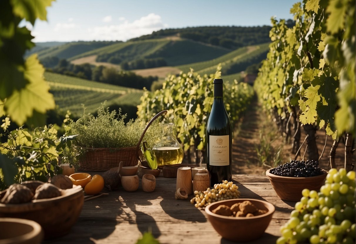 Vineyards surrounded by herbs, spices, and fruits, with a medieval apothecary nearby. Monks and scholars study the cultural and medicinal factors affecting wine production