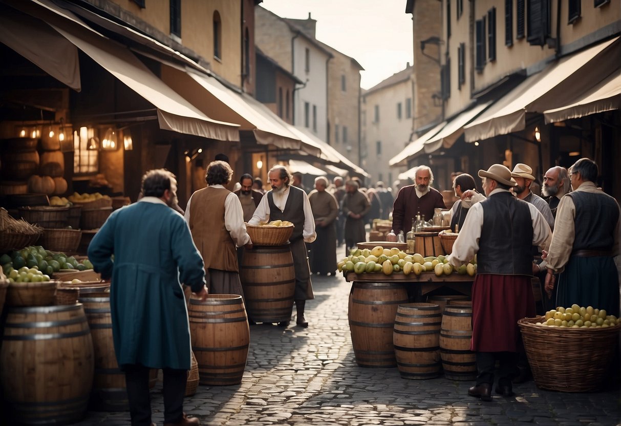 Medieval market bustling with trade, wine barrels stacked high. Merchants negotiate prices, while farmers display their harvest. Economic activity thrives under wine laws