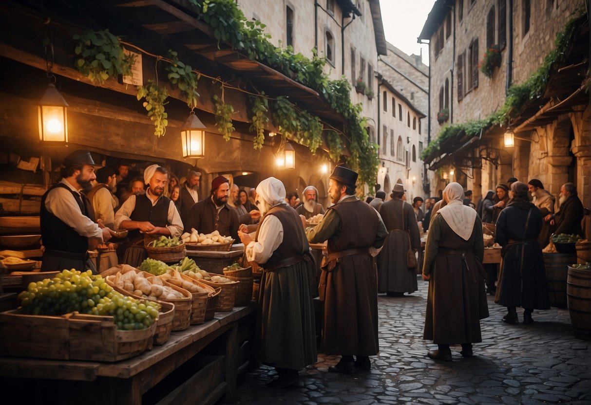 A bustling medieval marketplace with merchants trading wine under strict laws, impacting the economy and consumption