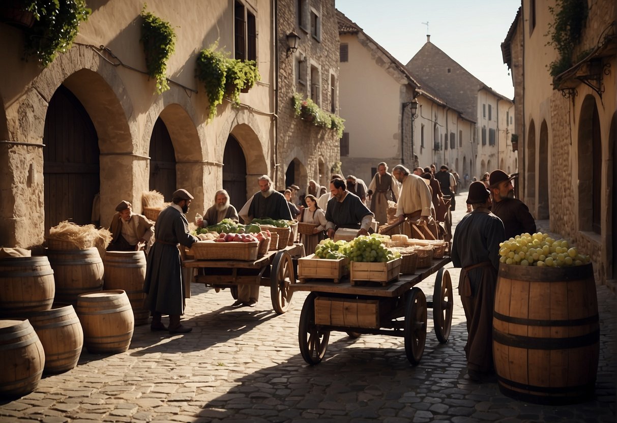 Medieval town with bustling market, wine barrels being loaded onto carts, merchants negotiating prices, and villagers celebrating successful trade