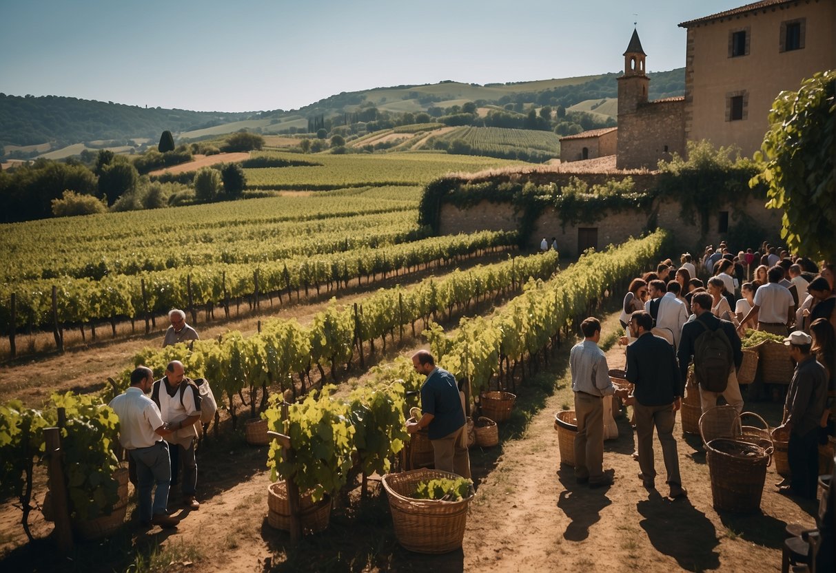 Vineyards and merchants bustling with activity, as officials enforce strict wine regulations, impacting the medieval economy