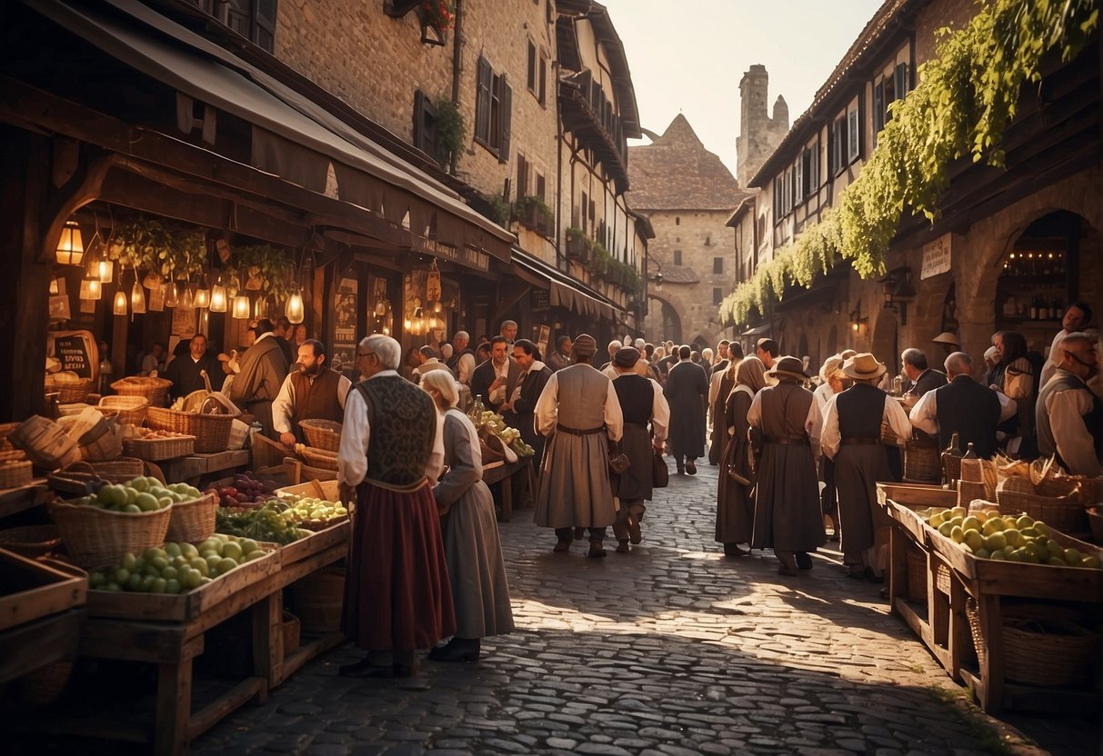 Medieval market bustling with merchants trading wine under strict laws. Prices fluctuate, impacting economy