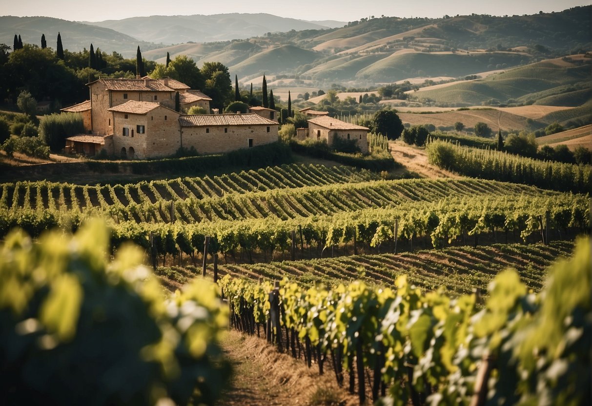 Lush vineyards sprawl across rolling hills, framed by medieval villages. Trade routes bustle with merchants transporting barrels of wine