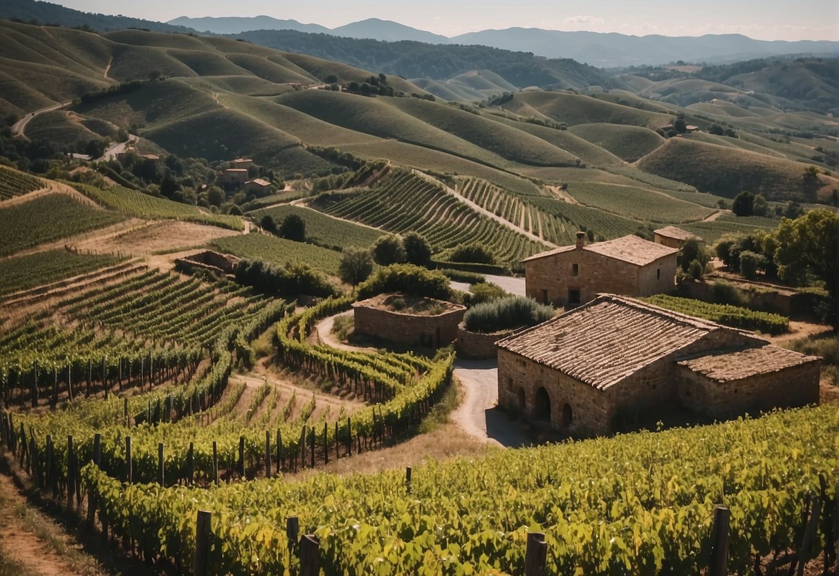 Rolling hills of vineyards, with medieval trade routes winding through. Wine barrels stacked outside stone buildings, while merchants negotiate wine laws