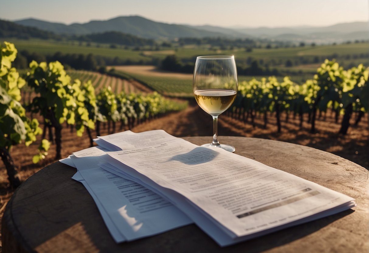 Vineyards stretching into the distance, with changing legal documents and regulations displayed in a timeline format