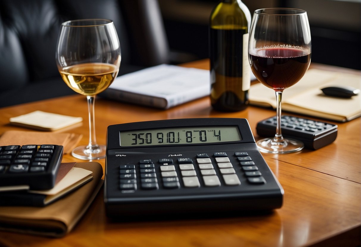 A table with various wine bottles, a notebook, and a calculator. A person reviewing wine collecting tips and analyzing financial aspects