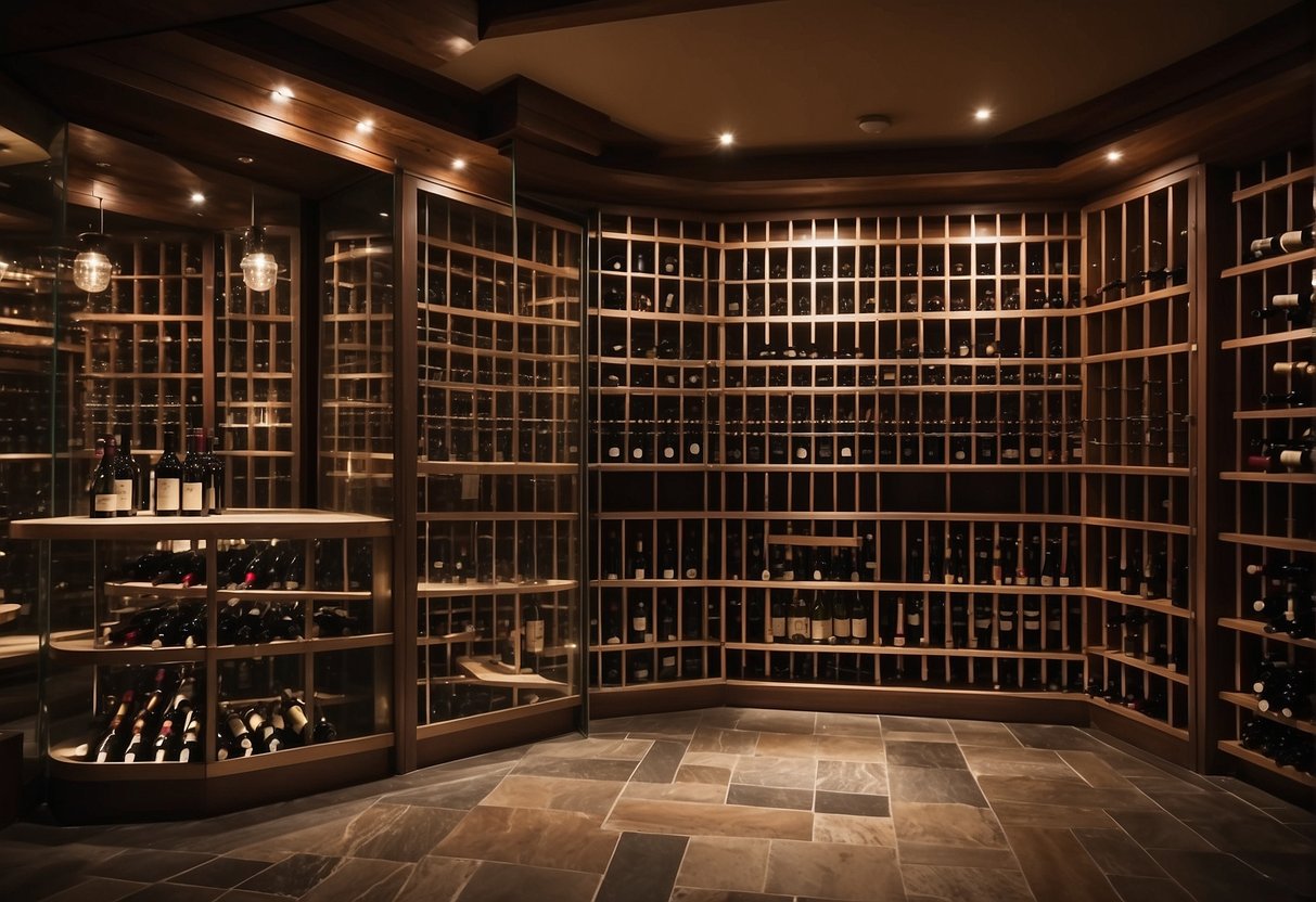A well-organized wine cellar with labeled shelves and temperature control