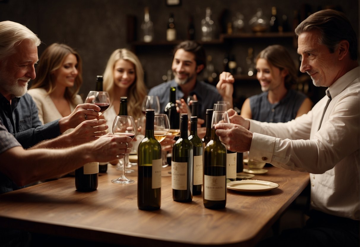 A group of wine enthusiasts gather around a table, exchanging tips and advice on collecting rare and vintage bottles. Bottles of various shapes and sizes are displayed, with labels showcasing their origins and vintages