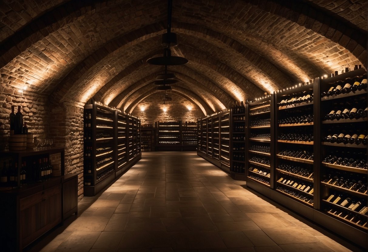 A wine cellar with rows of neatly organized bottles, labeled and stored on sturdy racks, with a temperature control system and dim lighting to protect the wines