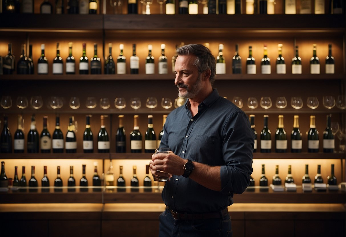 A wine enthusiast carefully arranges their collection on sleek, modern shelves, with soft lighting illuminating the labels and creating an inviting atmosphere