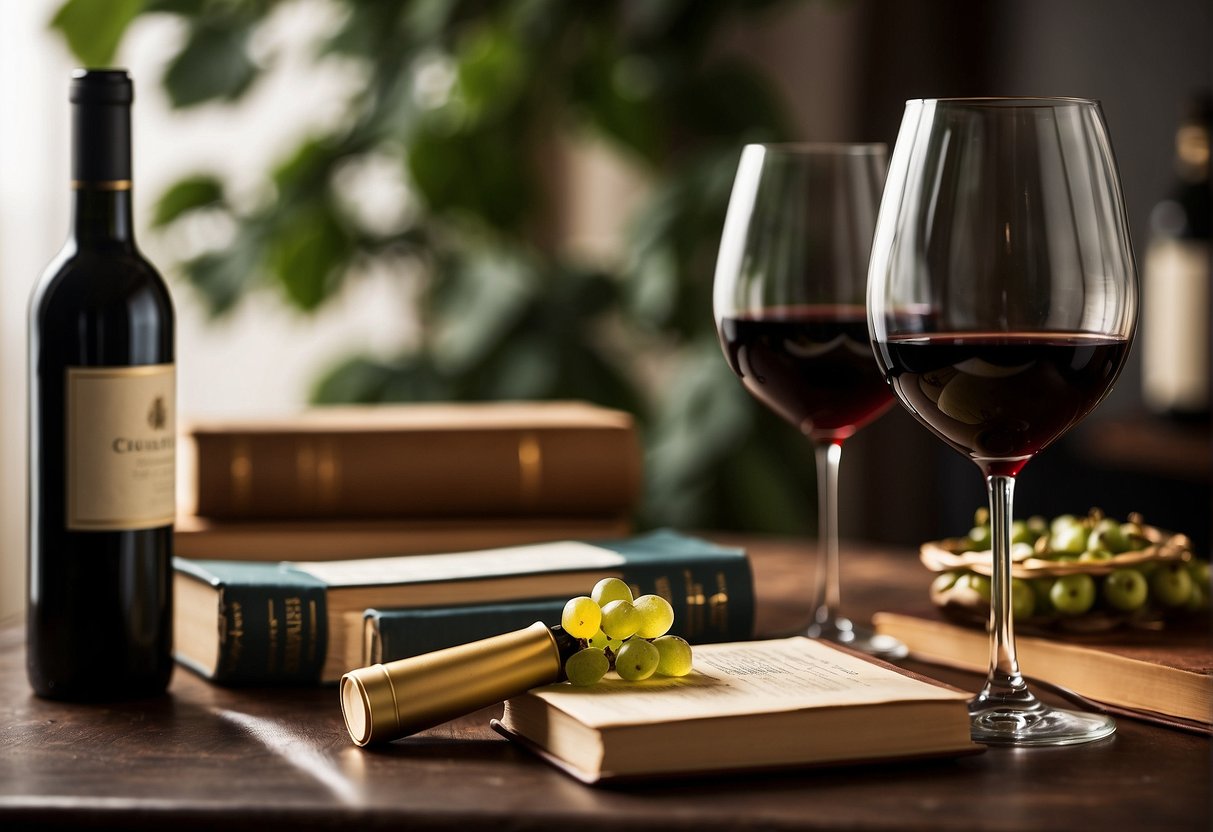 A table with wine bottles, corkscrew, and glasses. Books on wine collecting and a laptop open to a wine tips website