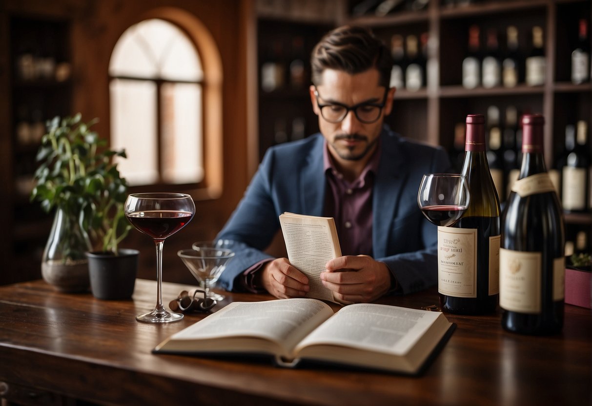 A person reading a book on wine collecting, surrounded by wine bottles, glasses, and tasting notes