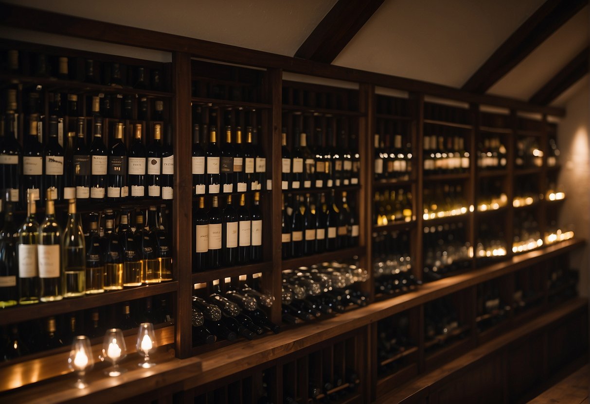 A dimly lit cellar with rows of wine racks, neatly organized bottles, and a temperature-controlled environment. A guidebook on wine collecting sits on a nearby table