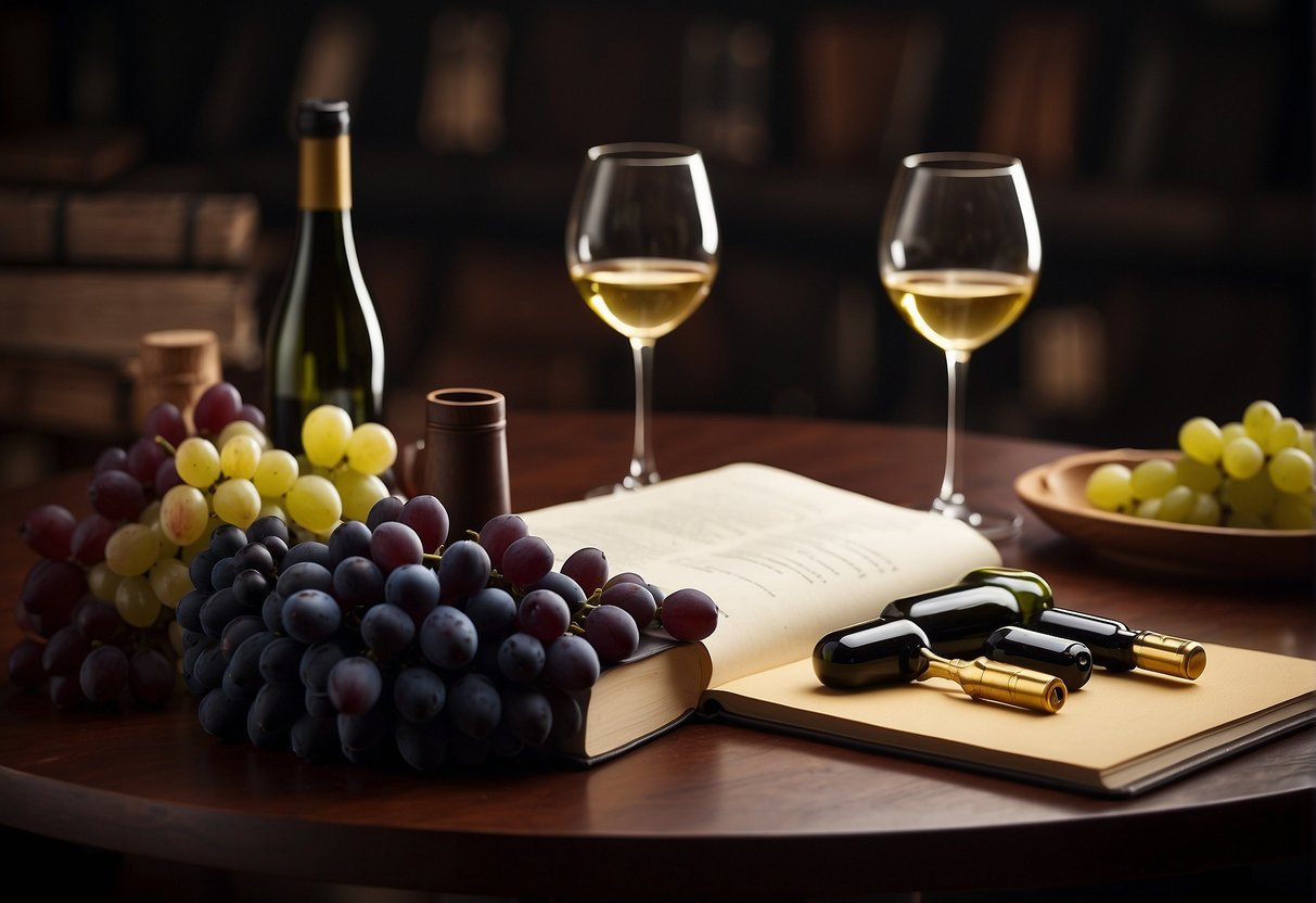 A table with various wine bottles, corkscrew, and glasses. A notebook with wine tasting notes and a guide on wine collecting