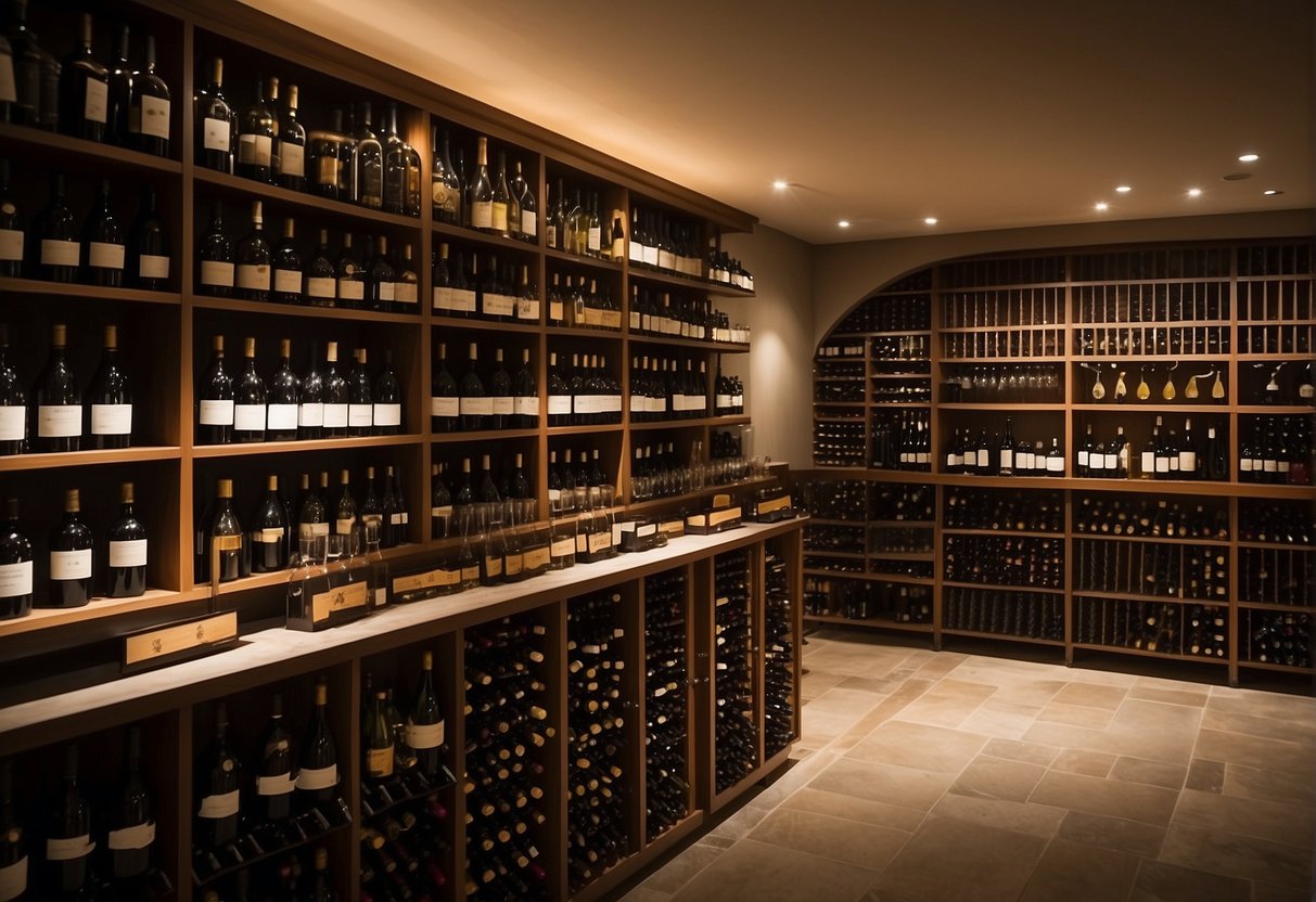 A well-lit cellar with rows of carefully organized wine bottles, a table with wine tasting notes, and shelves filled with wine accessories