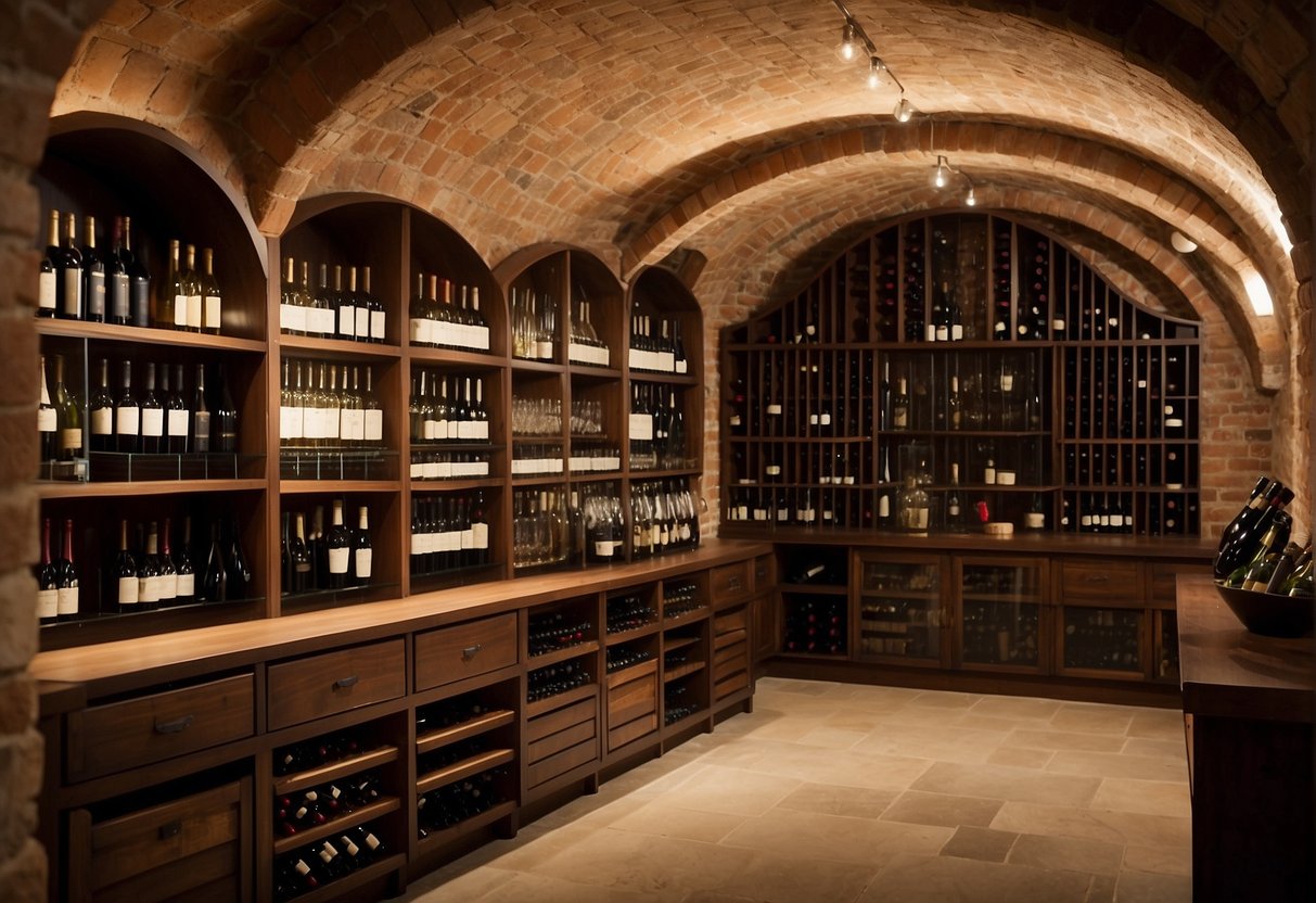 A wine cellar with neatly organized shelves showcasing a variety of wine bottles from different regions and vintages. A table set with wine tasting glasses and accessories, surrounded by books and guides on wine collecting