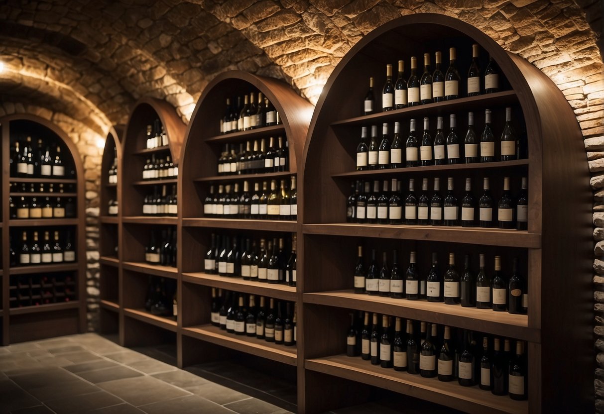 A beautifully arranged wine cellar with shelves filled with various bottles of wine, each labeled with their year and origin