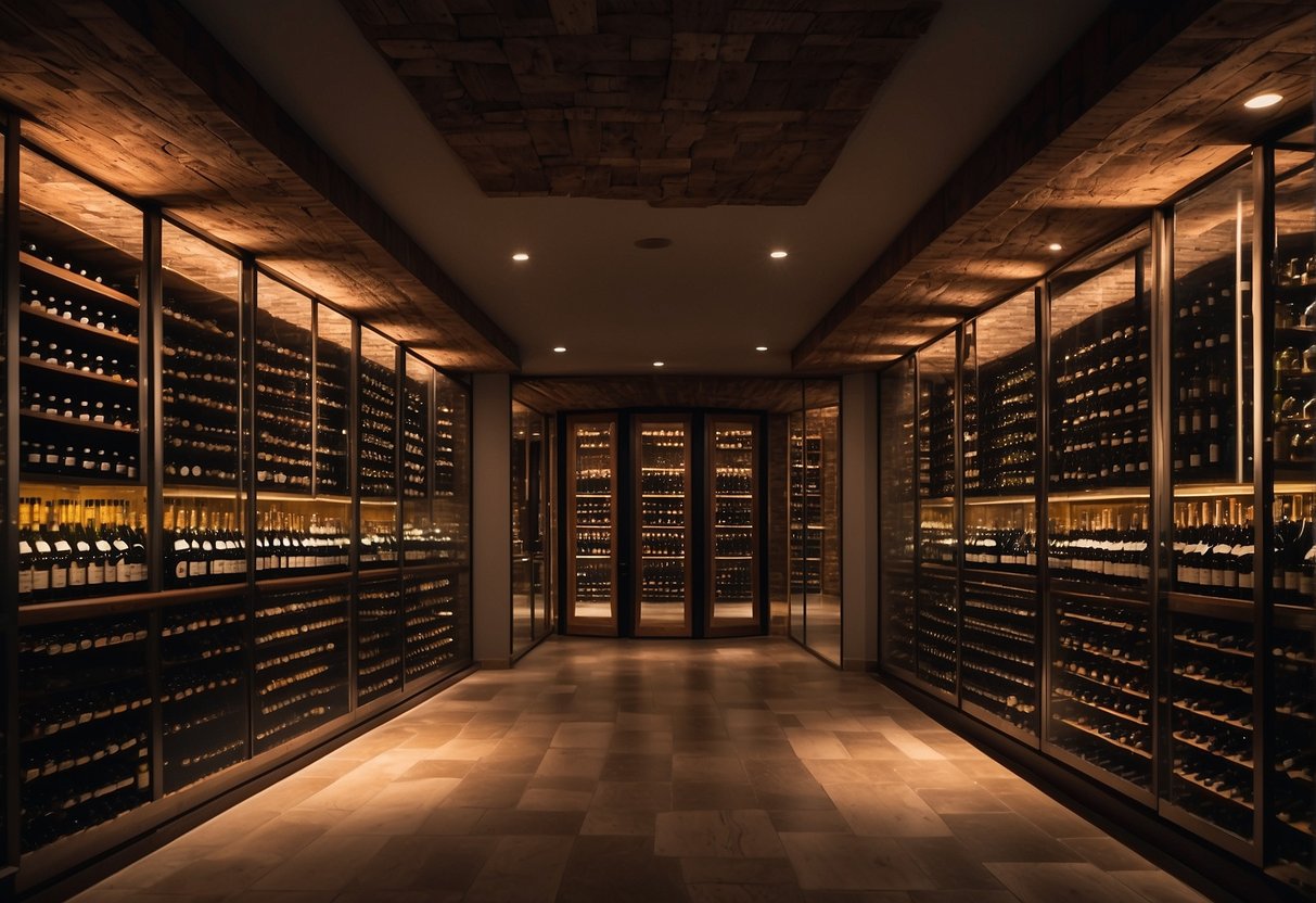 A wine cellar with rows of neatly organized bottles, a temperature-controlled environment, and a wine tasting area with elegant glassware and tasting notes