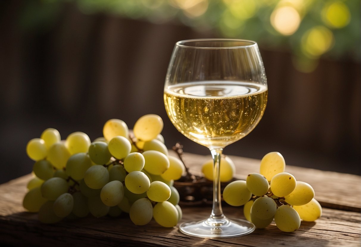 A glass of dry white wine sits on a rustic wooden table, with a gentle golden hue and a delicate aroma. The wine is clear and bright, with a hint of green in its color